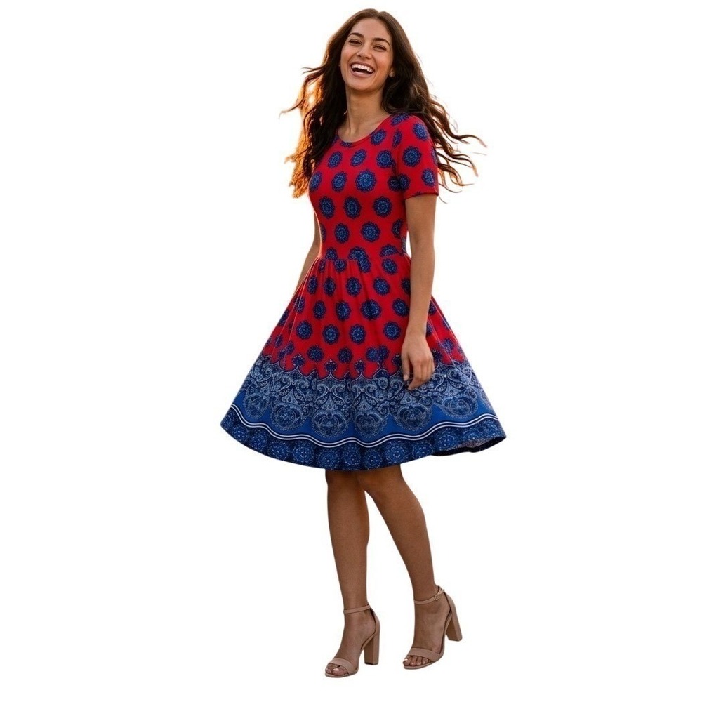 Red Blue Medallion Fit Flare Dress Small Stretch Skater Casual Boho Artsy